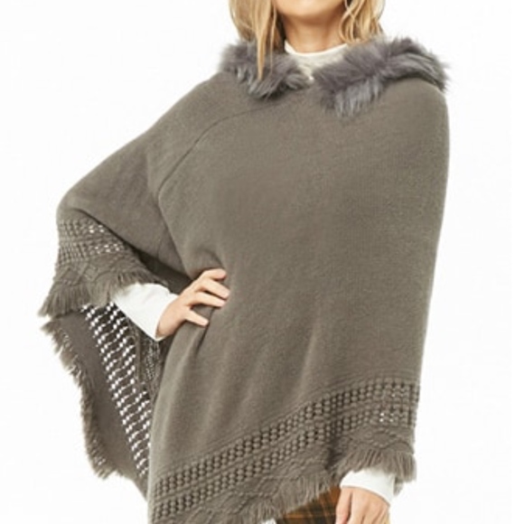 Forever 21 Sweaters - Hooded Faux Fur-Trim Poncho